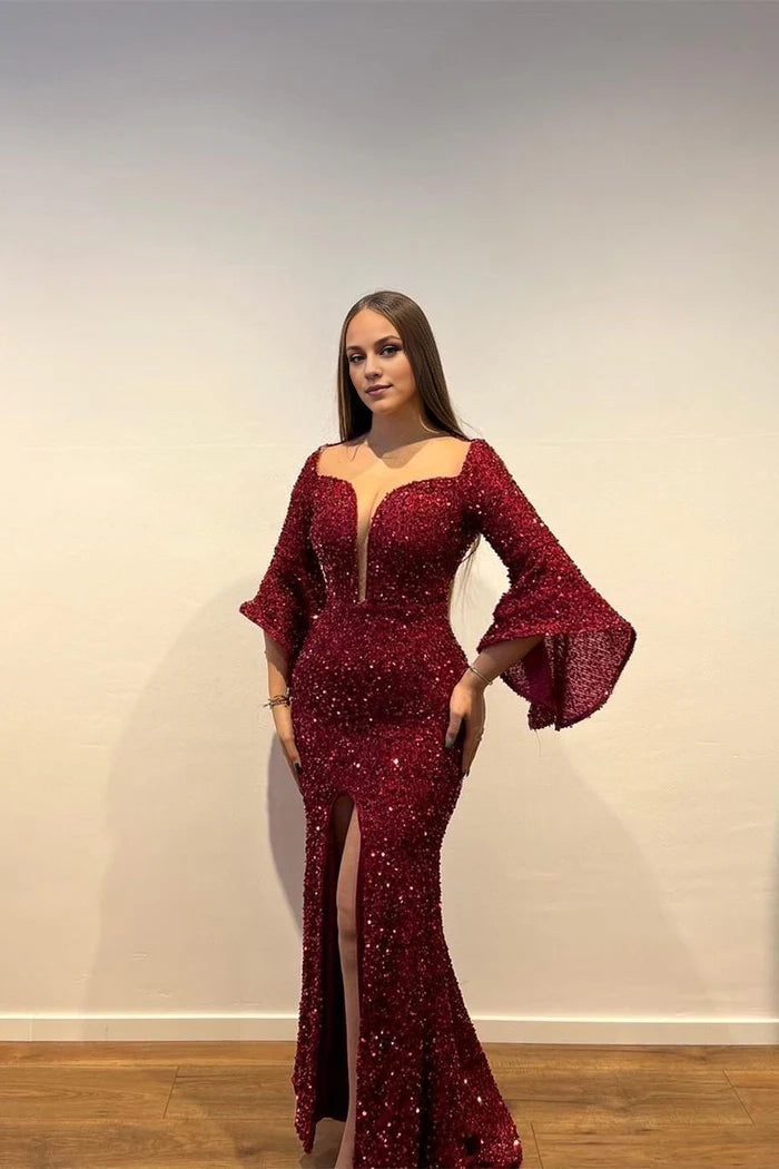 Gorgeous Long Burgundy Sequined Prom Dress with Long Sleeves and Split Front Simple gentle atmospheric and unique design