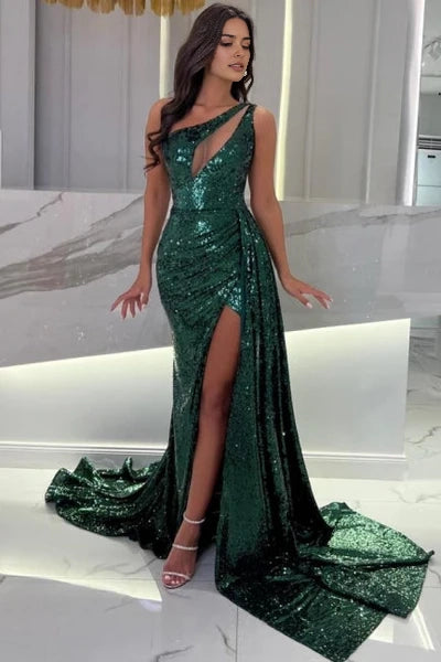 Gorgeous Long Dark Green One Shoulder Sleeveless Sequined Prom Dress with Slit Simple gentle atmospheric and unique design