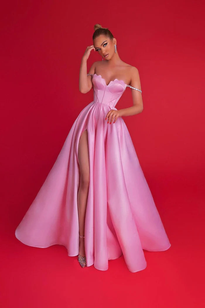 Gorgeous Long Pink A-line Off-Shoulder Prom Dress with a Beautiful Slit Simple gentle atmospheric and unique design