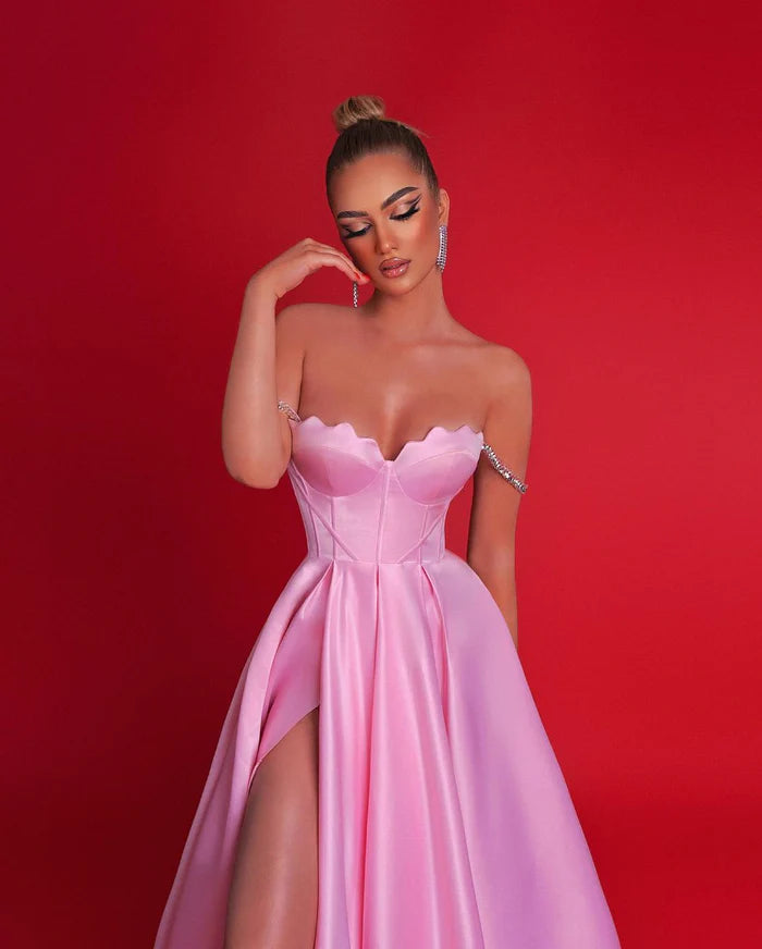 Gorgeous Long Pink A-line Off-Shoulder Prom Dress with a Beautiful Slit Simple gentle atmospheric and unique design