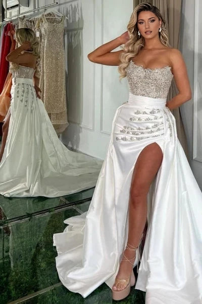 Gorgeous Long White A-line Strapless Jewel Prom Dress with Elegant Slit Simple gentle atmospheric and unique design