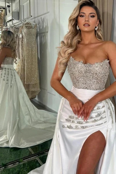 Gorgeous Long White A-line Strapless Jewel Prom Dress with Elegant Slit Simple gentle atmospheric and unique design