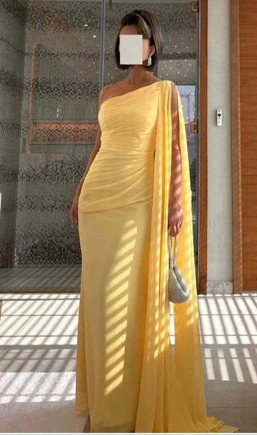 Gorgeous Mermaid One Shoulder Yellow Chiffon Party Prom Dresses Formal Summer Wedding Guest Dresses Wedding Guest Outfits simple gentle atmospheric and unique desi Bring summer colors to enhance whiteness