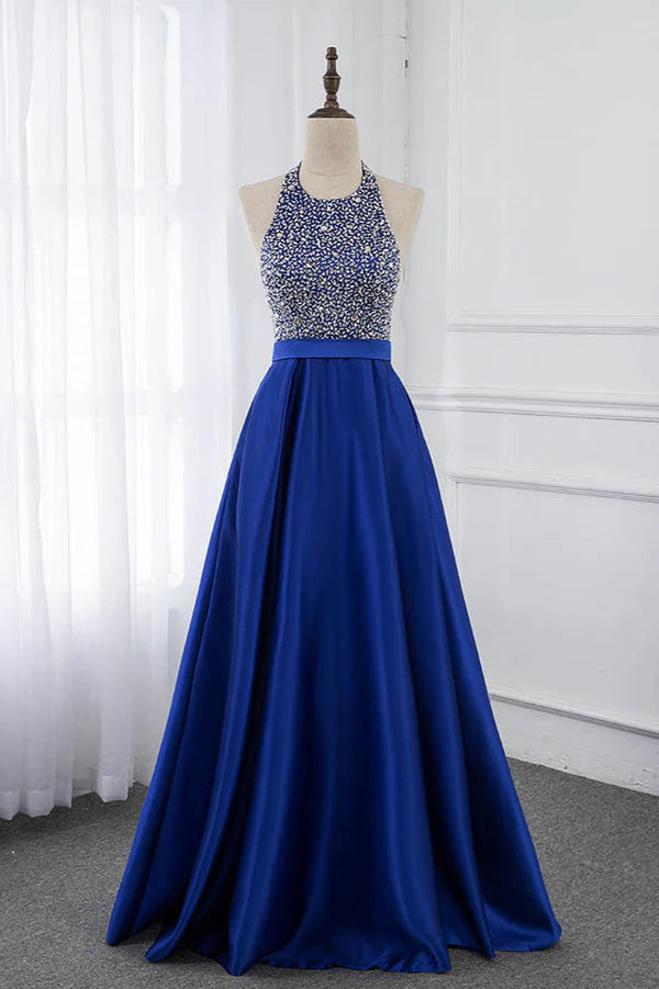 Gorgeous Satin Halter Ruffle Backless Prom Dresses with Beadings Top Simple gentle atmospheric and unique design