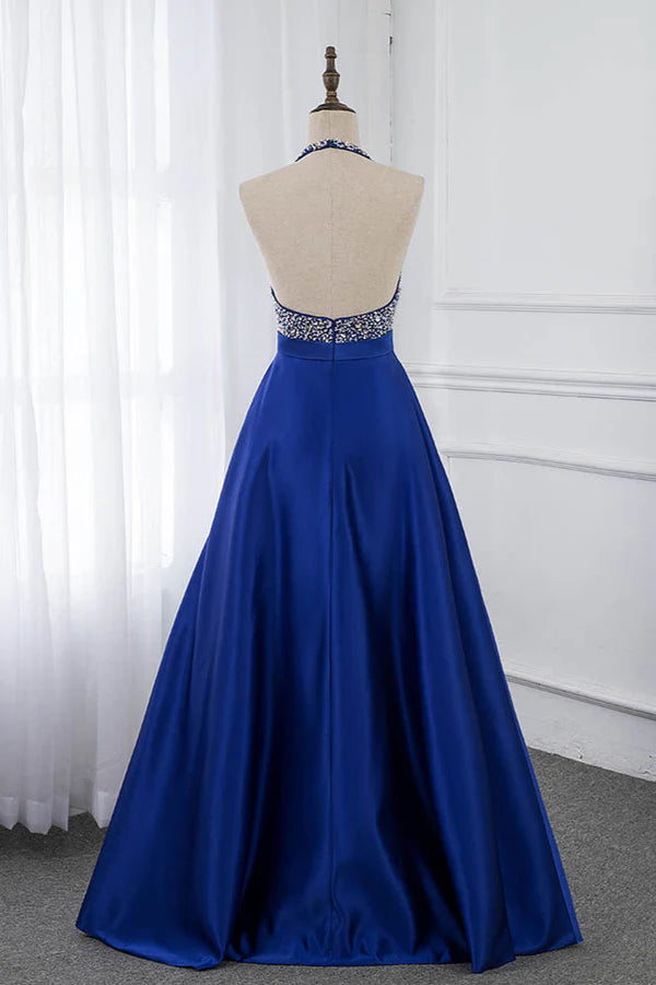 Gorgeous Satin Halter Ruffle Backless Prom Dresses with Beadings Top Simple gentle atmospheric and unique design