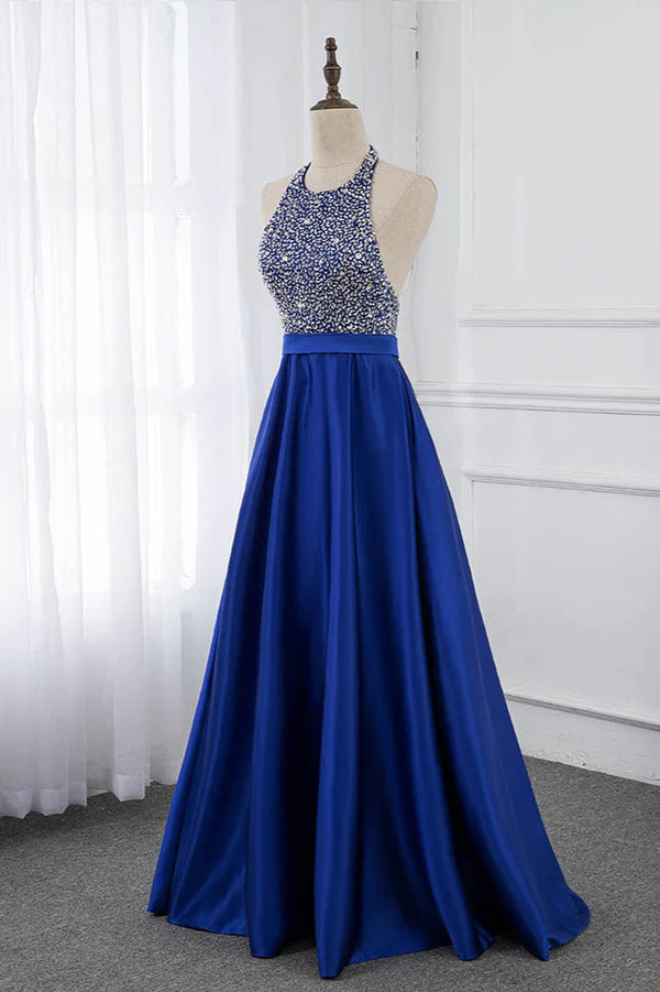 Gorgeous Satin Halter Ruffle Backless Prom Dresses with Beadings Top Simple gentle atmospheric and unique design