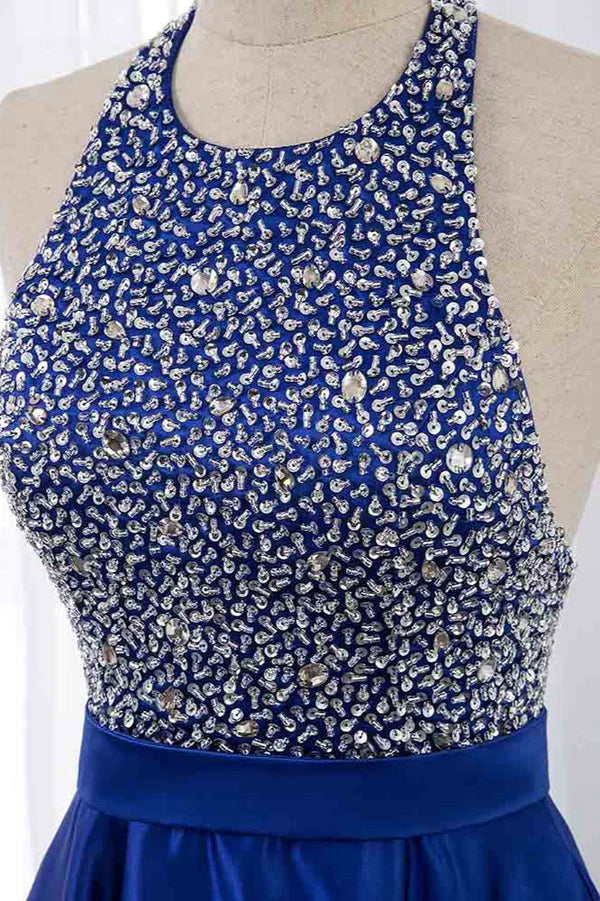 Gorgeous Satin Halter Ruffle Backless Prom Dresses with Beadings Top Simple gentle atmospheric and unique design