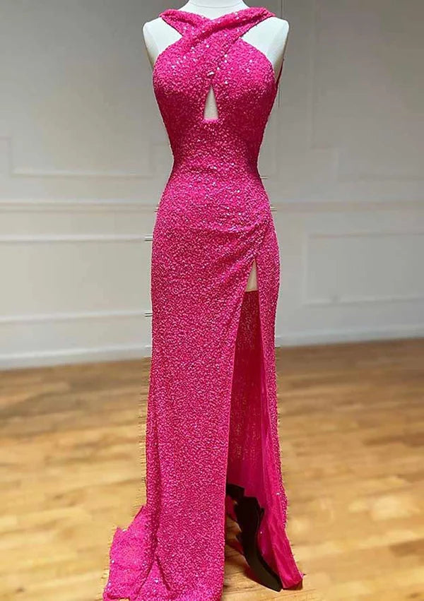 Gorgeous Sequins Prom Dress/Evening Dress with Split - Sheath/Column Halter Sleeveless Court Train Velvet Simple gentle atmospheric and unique design