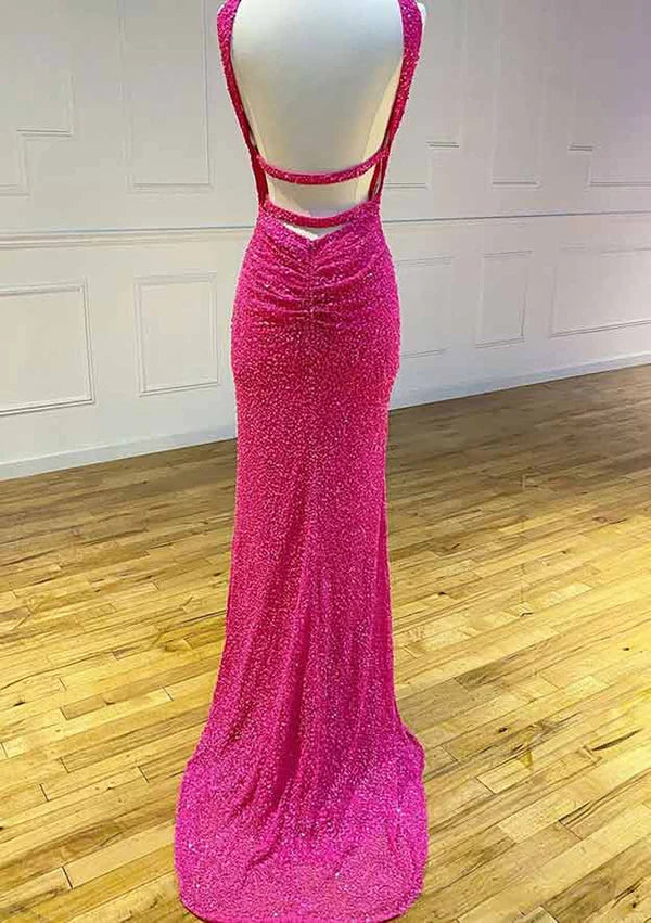 Gorgeous Sequins Prom Dress/Evening Dress with Split - Sheath/Column Halter Sleeveless Court Train Velvet Simple gentle atmospheric and unique design