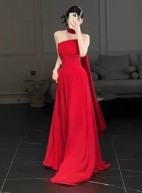 Gorgeous Sheath Strapless Red Chiffon Slit Prom Dresses Formal Summer Wedding Guest Dresses Wedding Guest Outfits simple gentle atmospheric and unique desi Bring summer colors to enhance whiteness
