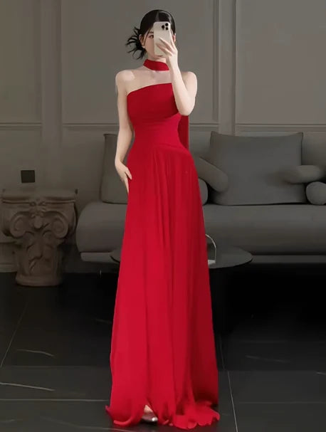 Gorgeous Sheath Strapless Red Chiffon Slit Prom Dresses Formal Summer Wedding Guest Dresses Wedding Guest Outfits simple gentle atmospheric and unique desi Bring summer colors to enhance whiteness