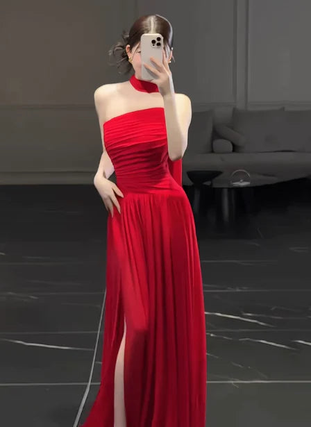 Gorgeous Sheath Strapless Red Chiffon Slit Prom Dresses Formal Summer Wedding Guest Dresses Wedding Guest Outfits simple gentle atmospheric and unique desi Bring summer colors to enhance whiteness