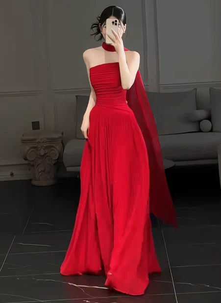 Gorgeous Sheath Strapless Red Chiffon Slit Prom Dresses Formal Summer Wedding Guest Dresses Wedding Guest Outfits simple gentle atmospheric and unique desi Bring summer colors to enhance whiteness