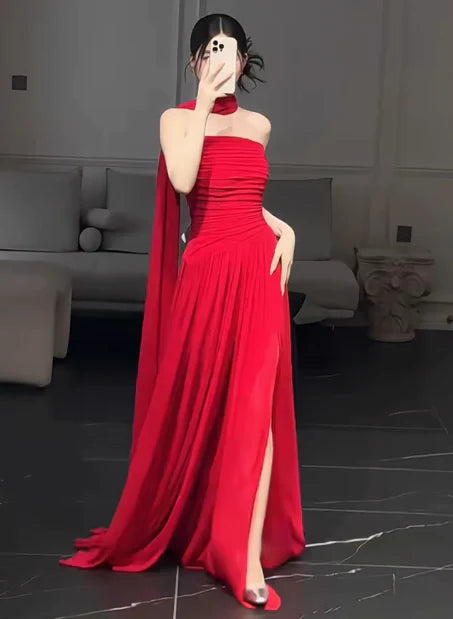 Gorgeous Sheath Strapless Red Chiffon Slit Prom Dresses Formal Summer Wedding Guest Dresses Wedding Guest Outfits simple gentle atmospheric and unique desi Bring summer colors to enhance whiteness