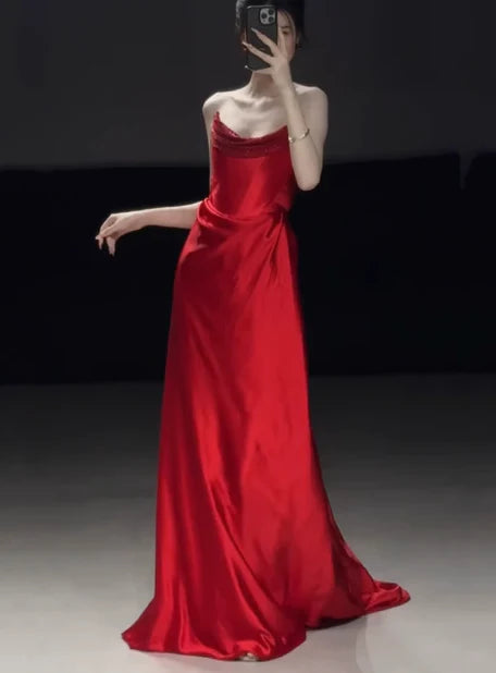 Gorgeous Sheath Strapless Red Satin Prom Dresses Formal Summer Wedding Guest Dresses Wedding Guest Outfits  simple gentle atmospheric and unique desi Bring summer colors to enhance whiteness