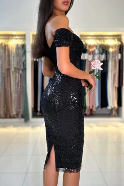 Gorgeous Short Black Off-the-shoulder Glitter Cocktail Dress Simple gentle atmospheric and unique design