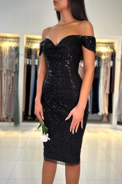 Gorgeous Short Black Off-the-shoulder Glitter Cocktail Dress Simple gentle atmospheric and unique design