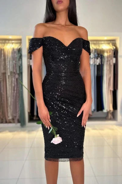 Gorgeous Short Black Off-the-shoulder Glitter Cocktail Dress Simple gentle atmospheric and unique design