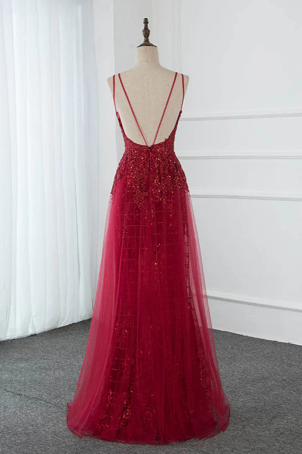 Gorgeous Spaghetti Straps Burgundy Prom Dresses with Beading Appliques Simple gentle atmospheric and unique design
