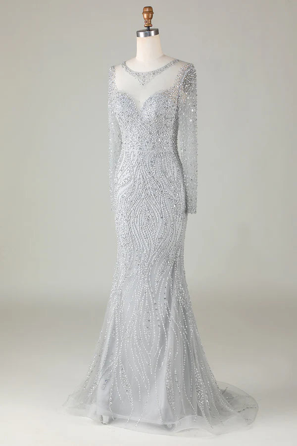 Gorgeous Sparkly Grey Beaded Mermaid Long Prom Dress simple gentle atmospheric and unique desi