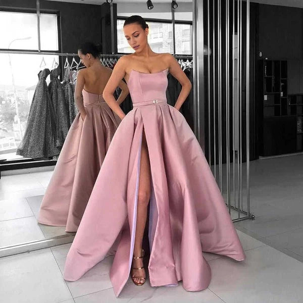 Gorgeous Strapless Long Prom Dress Slit With Pockets Simple gentle atmospheric and unique design