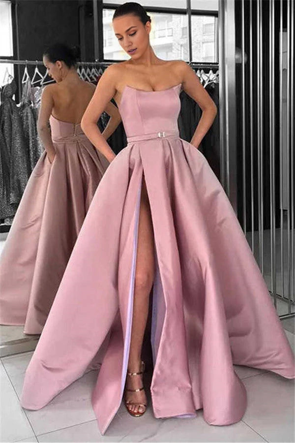 Gorgeous Strapless Long Prom Dress Slit With Pockets Simple gentle atmospheric and unique design