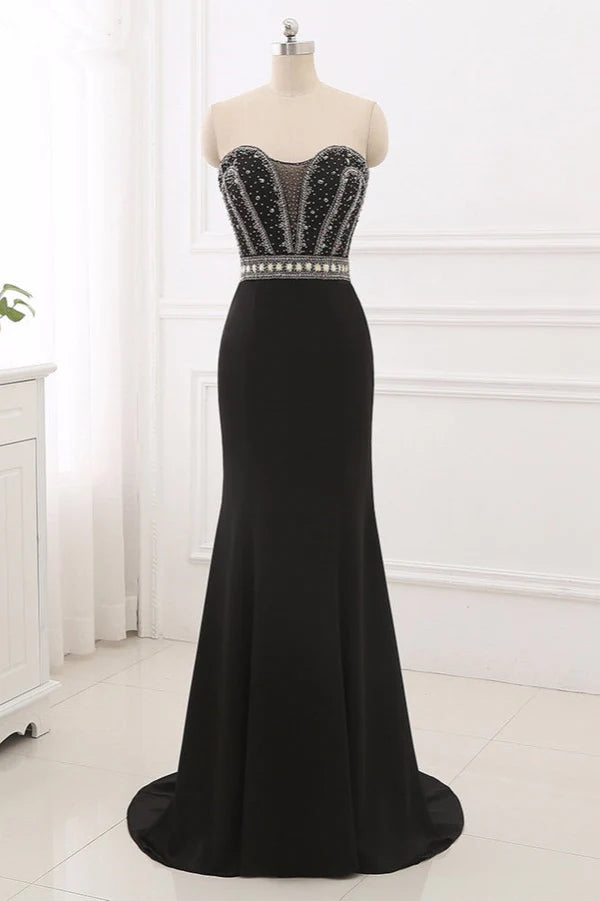 Gorgeous Strapless Sweetheart Black Mermaid Prom Dresses with Rhinestones Simple gentle atmospheric and unique design