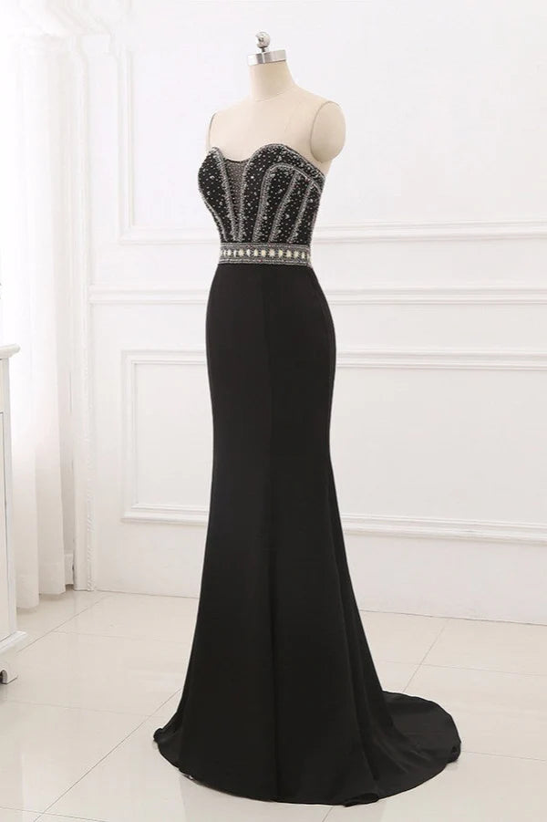 Gorgeous Strapless Sweetheart Black Mermaid Prom Dresses with Rhinestones Simple gentle atmospheric and unique design