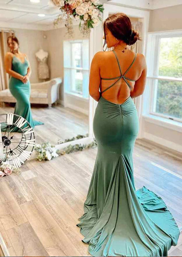 Gorgeous Trumpet/Mermaid V-Neck Spaghetti Straps Court Train Jersey Prom Dress/Evening Dress With PleatedSimple gentle atmospheric and unique design