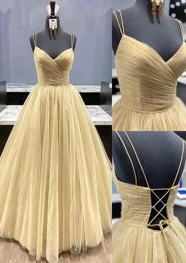 Gorgeous V-Neck Tulle Prom Dress/Evening Dress with Pleated Sequins and Long Floor-Length Simple gentle atmospheric and unique design