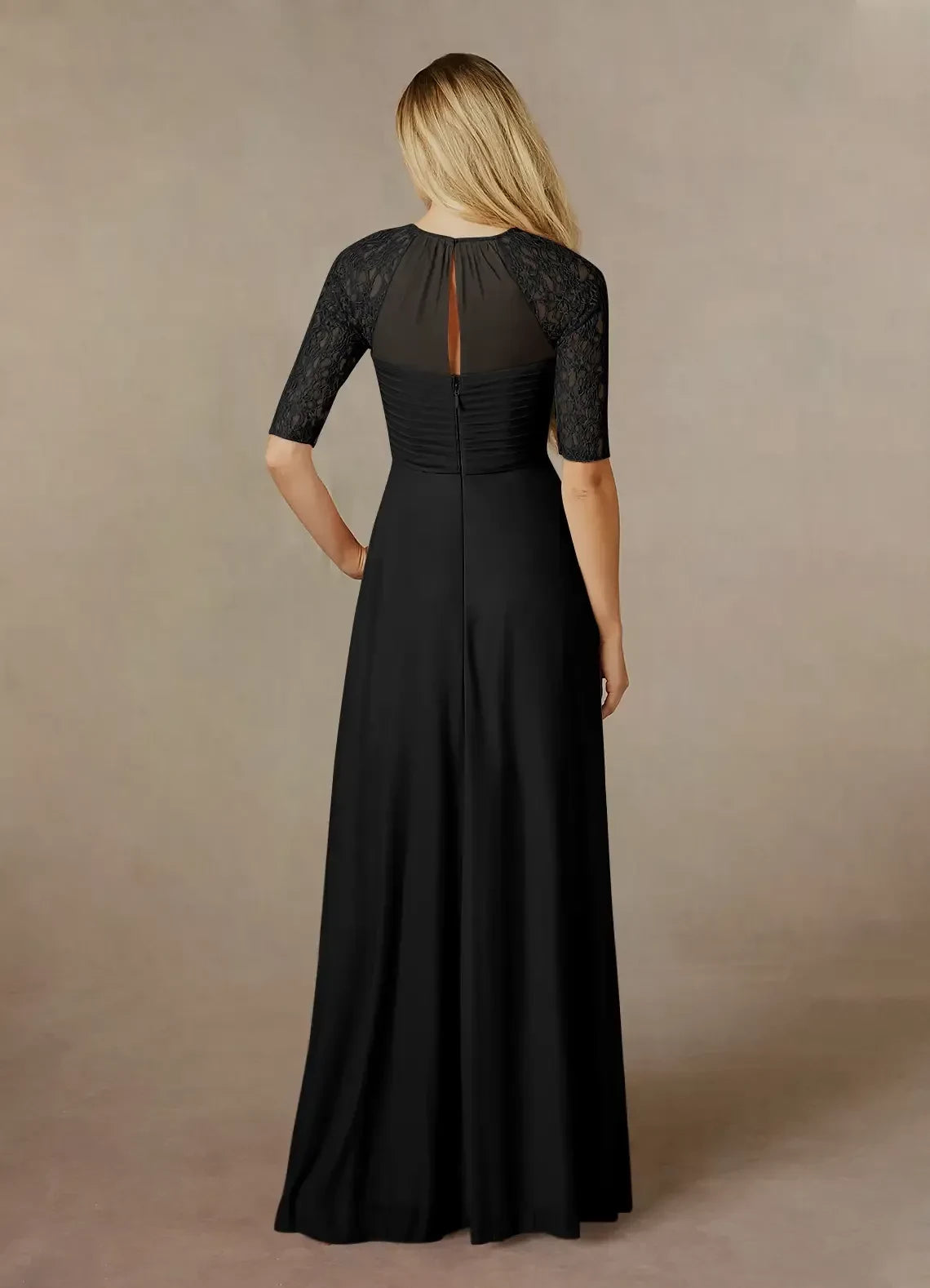 Graceful A Line Crew Neck Three Quarter Lace Sleeve Ruched Back Floor Length Mother of the Bride Dress
