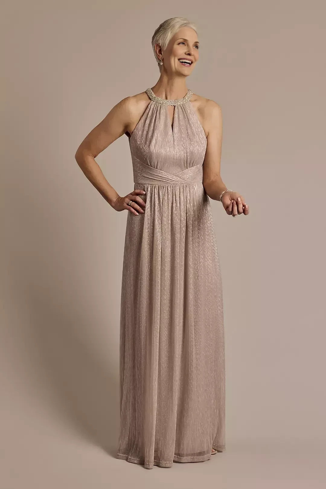 Graceful A Line Halter Neck Sleeveless Ruched Back Floor Length Mother of the Bride Dress