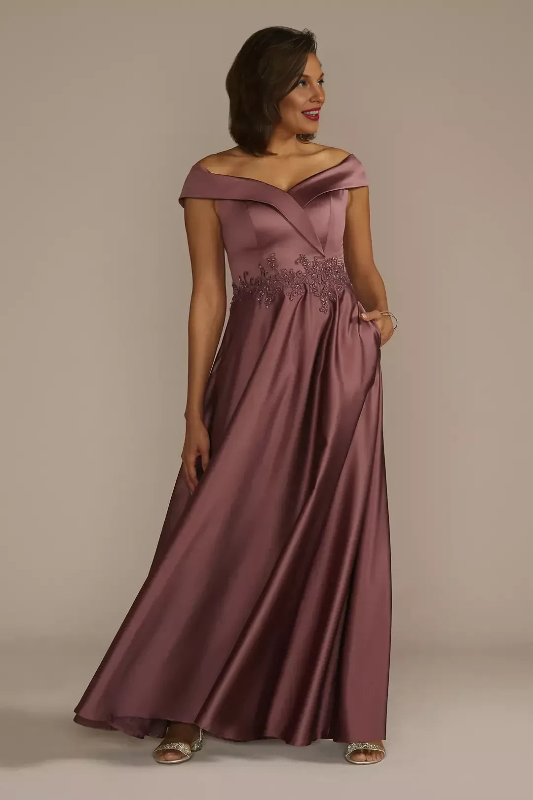 Graceful A Line Off Shoulder Cap Sleeve Lace Back Floor Length Mother of the Bride Dress