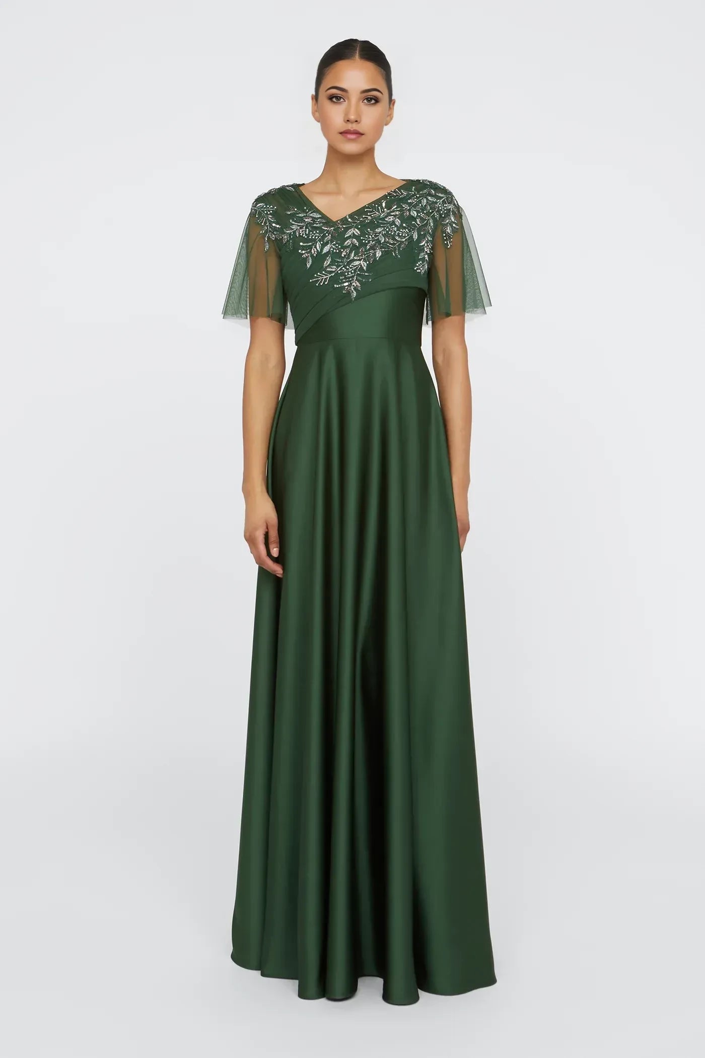 Graceful A Line V Neck Cape Short Sleeve Tie Back Floor Length Prom Dress