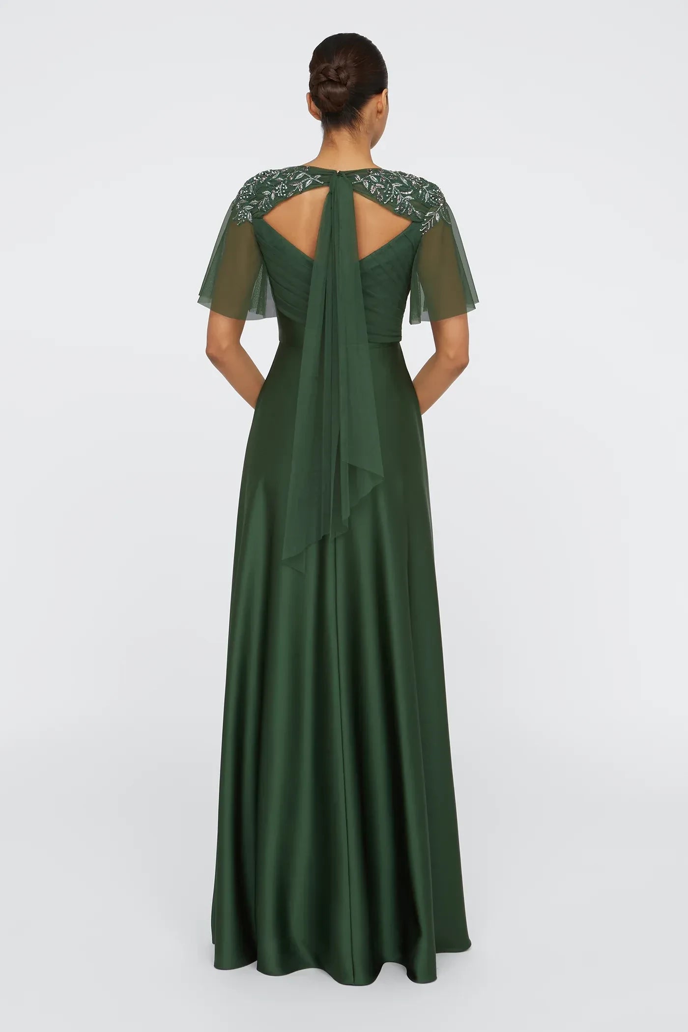 Graceful A Line V Neck Cape Short Sleeve Tie Back Floor Length Prom Dress