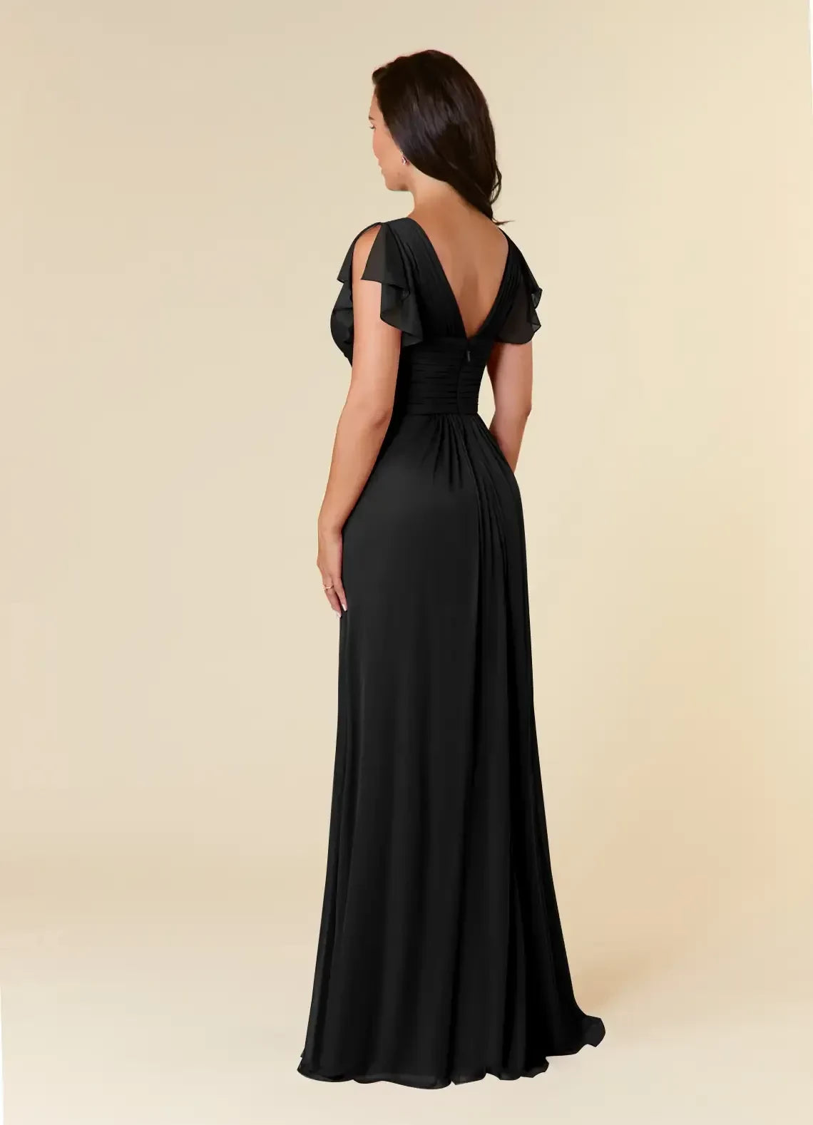 Graceful A Line V Neck Flutter Sleeve Ruched Back Floor Length Mother of the Bride Dress