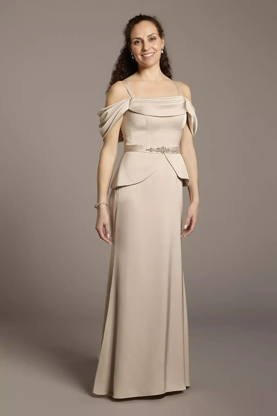 Graceful Mermaid Off Shoulder Flutter Sleeve Embellished Back Floor Length Mother of the Bride Dress