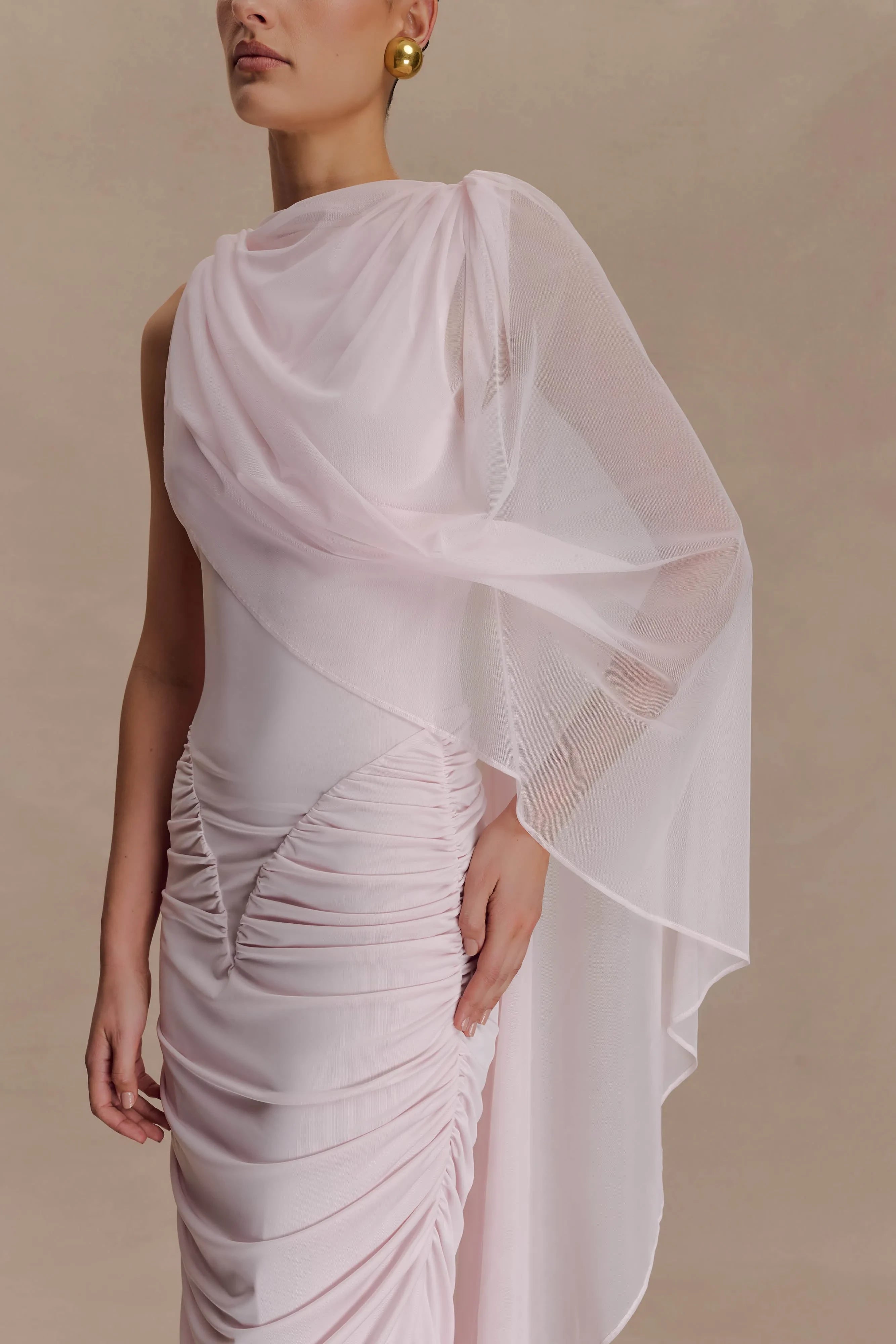 Graceful Mermaid One Shoulder Draped Sleeve Ruched Back Floor Length Prom Dress