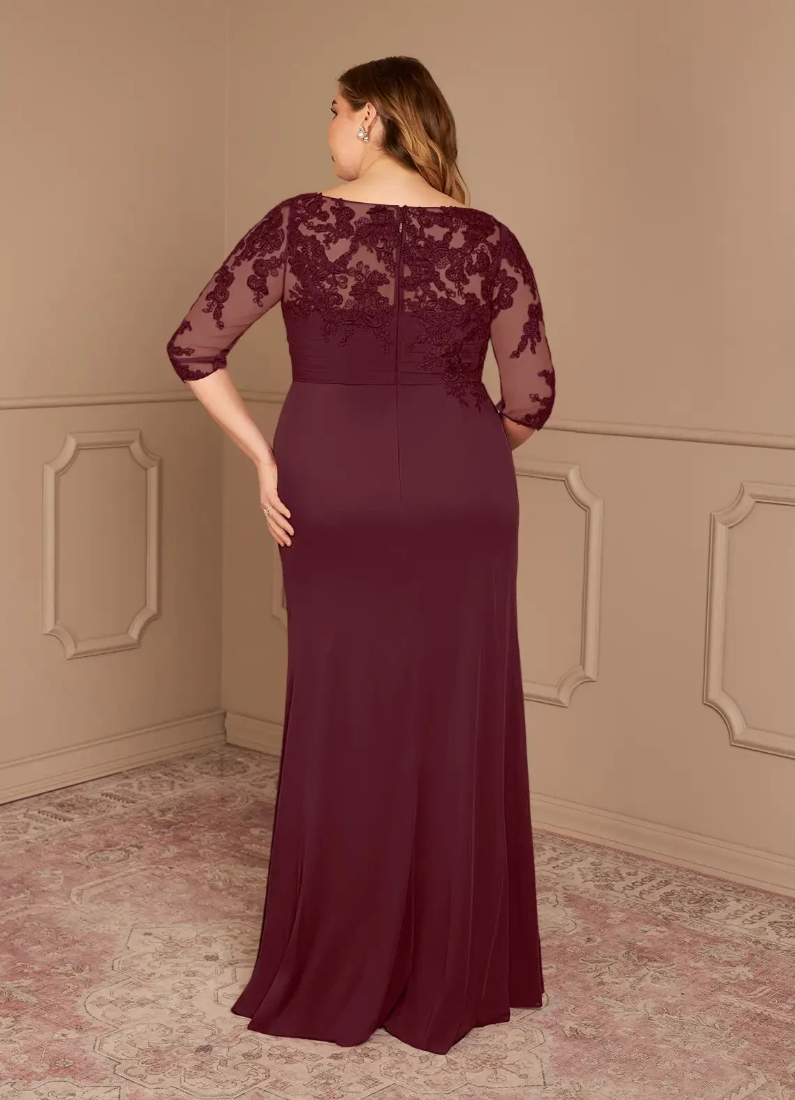 Graceful Plus Size Sheath Boat Neck Three Quarter Sleeve Lace Back Floor Length Mother of the Bride Dress