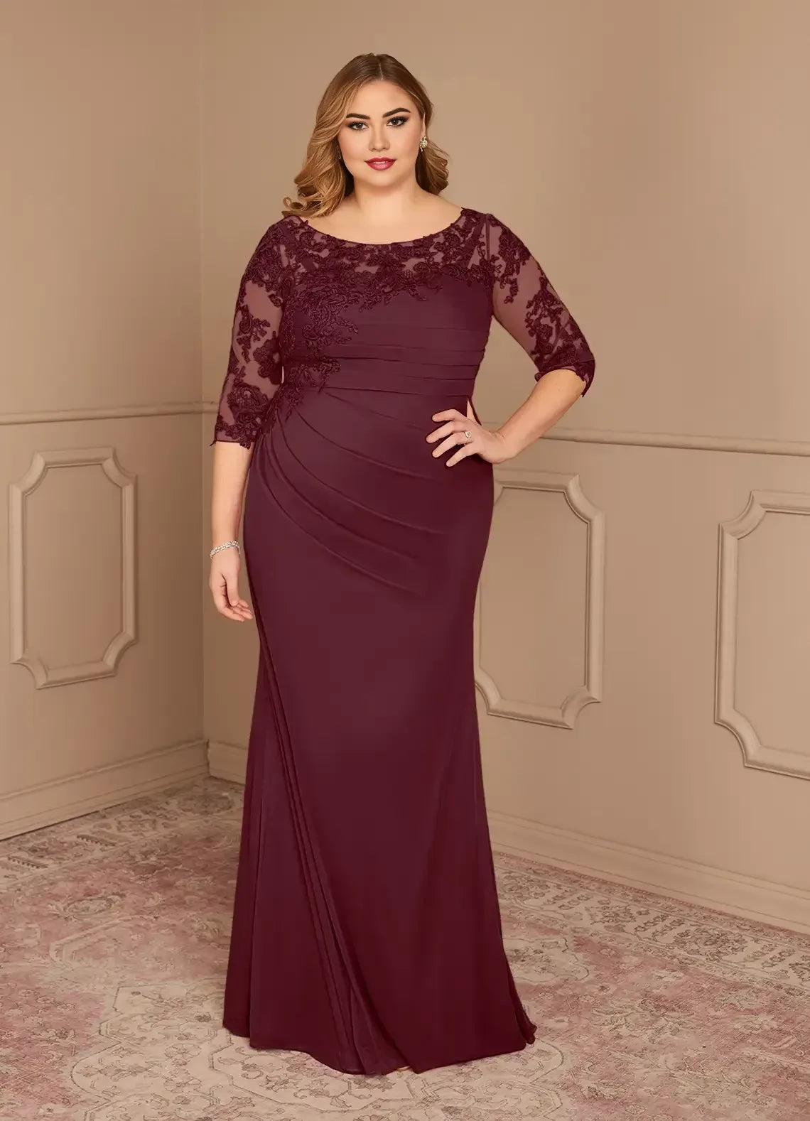 Graceful Plus Size Sheath Boat Neck Three Quarter Sleeve Lace Back Floor Length Mother of the Bride Dress