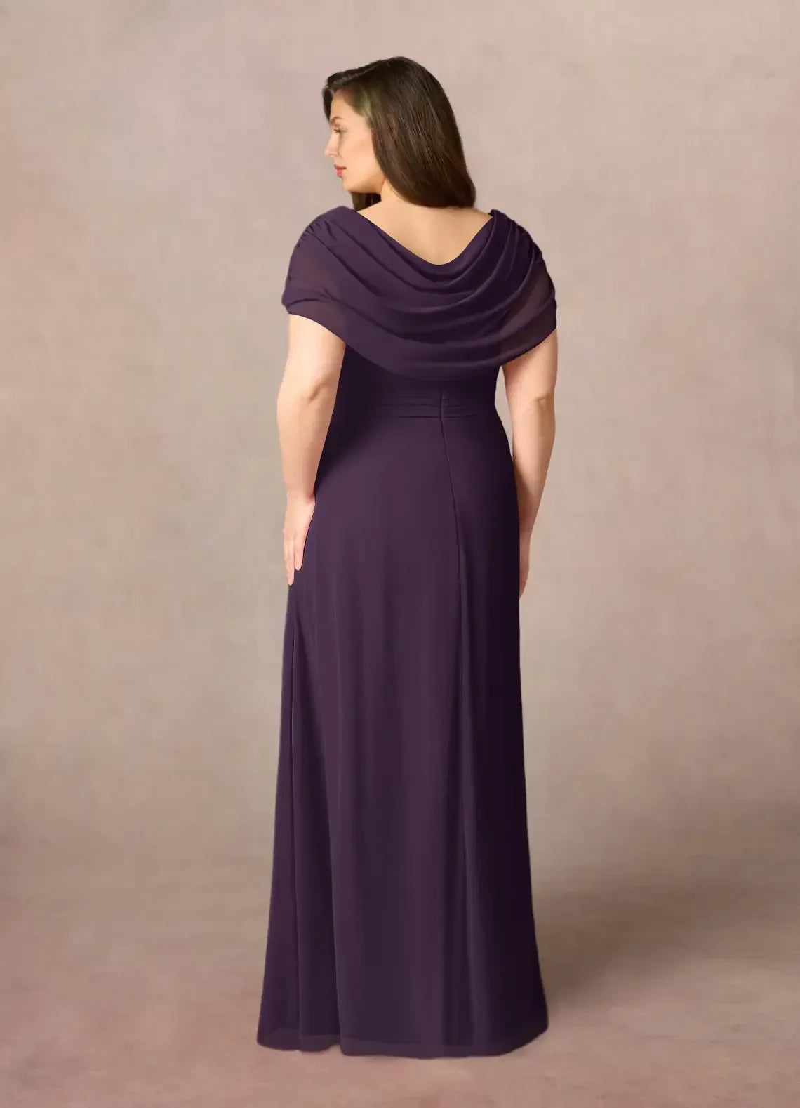 Graceful Plus Size Sheath Cowl Neck Cap Sleeve Draped Back Floor Length Mother of the Bride Dress