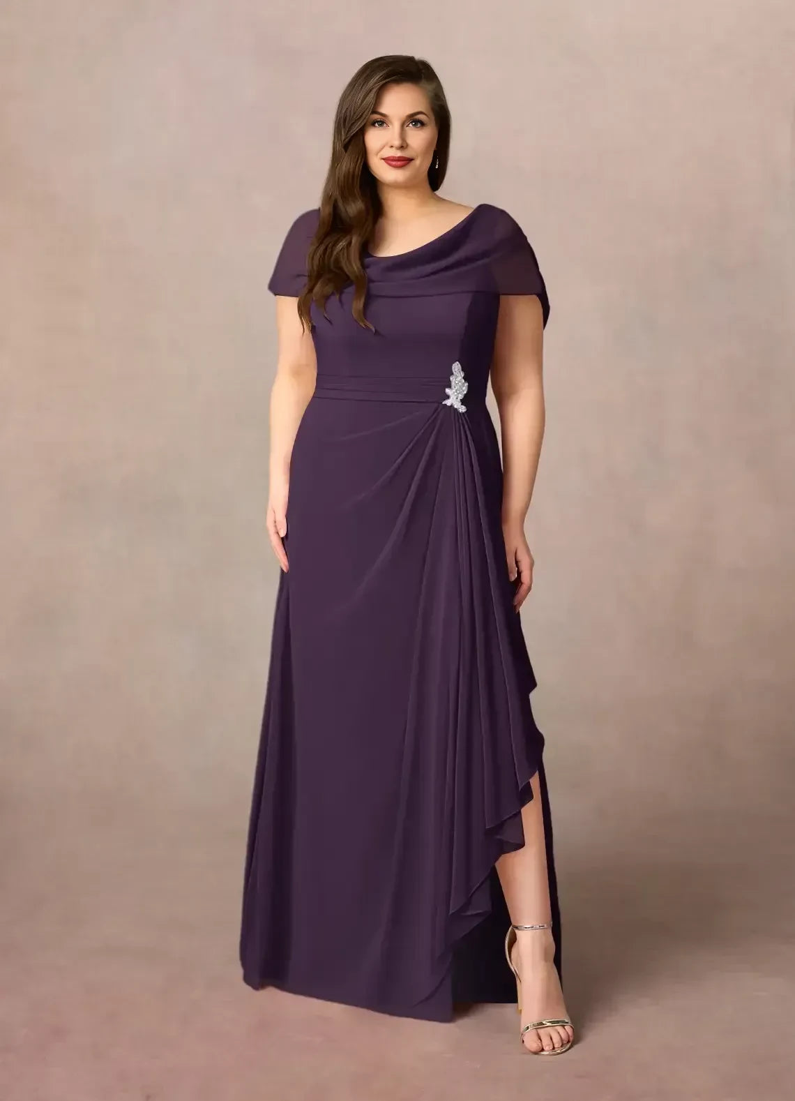 Graceful Plus Size Sheath Cowl Neck Cap Sleeve Draped Back Floor Length Mother of the Bride Dress