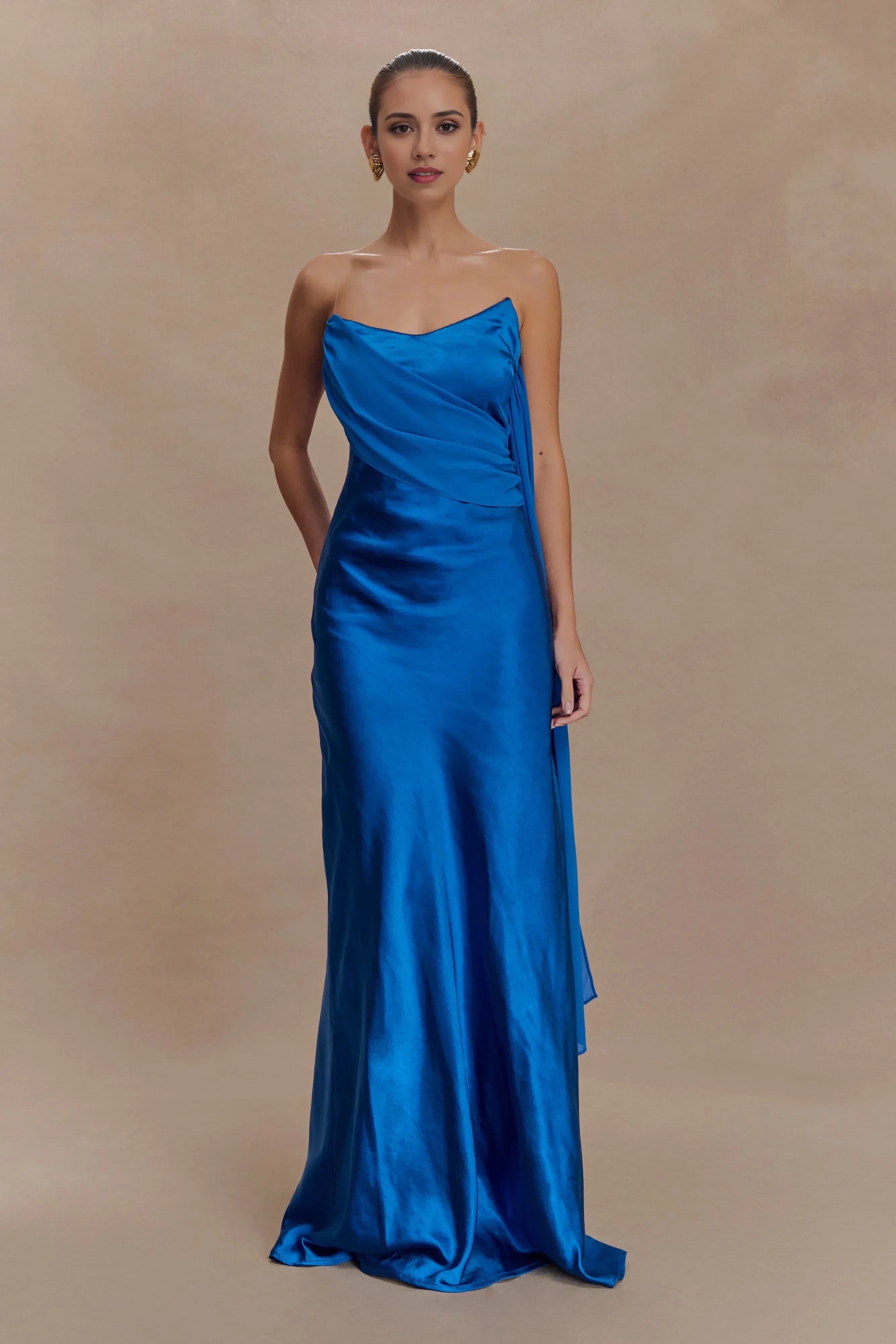 Graceful Sheath Asymmetric Neck Sleeveless Draped Back Floor Length Prom Dress