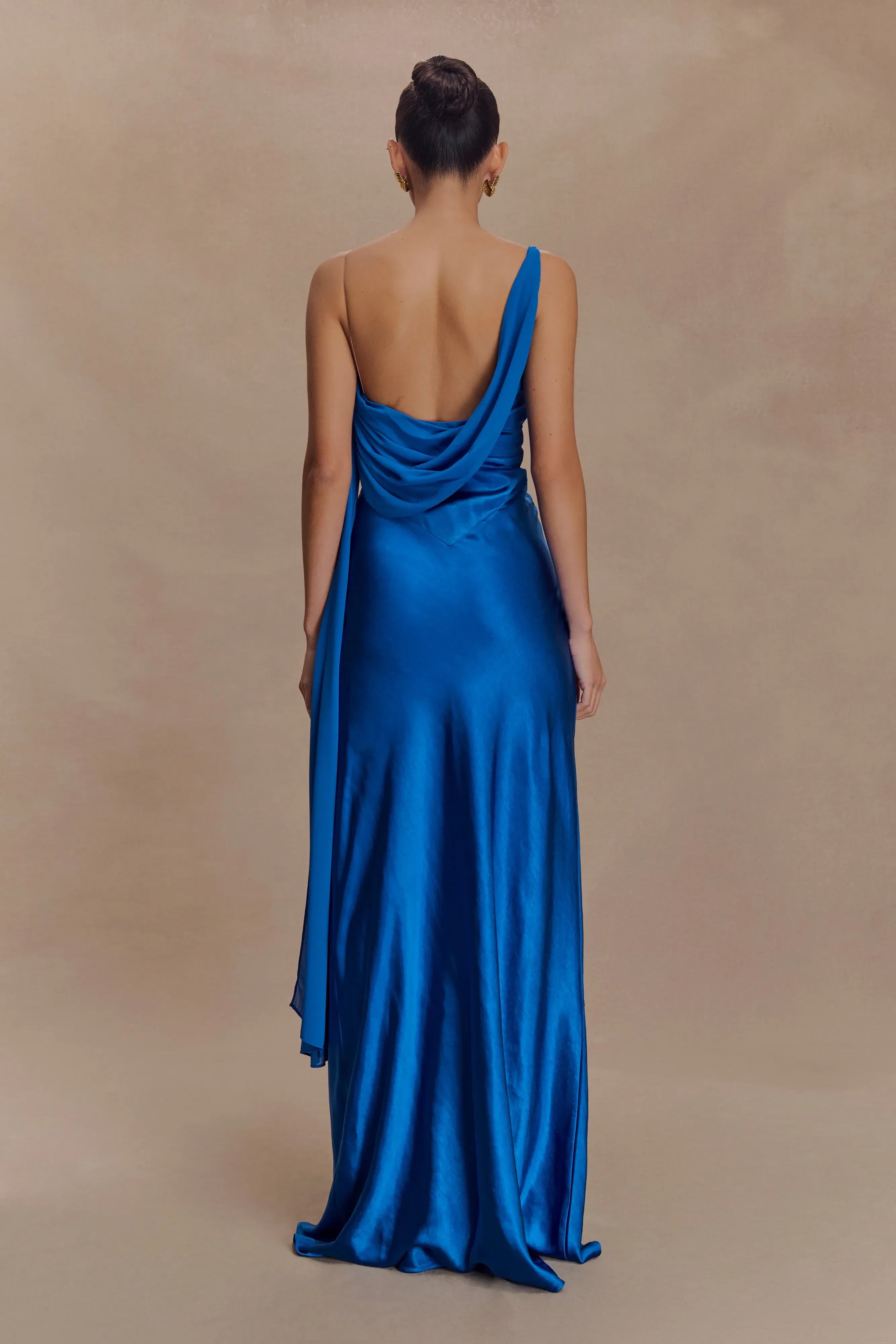 Graceful Sheath Asymmetric Neck Sleeveless Draped Back Floor Length Prom Dress