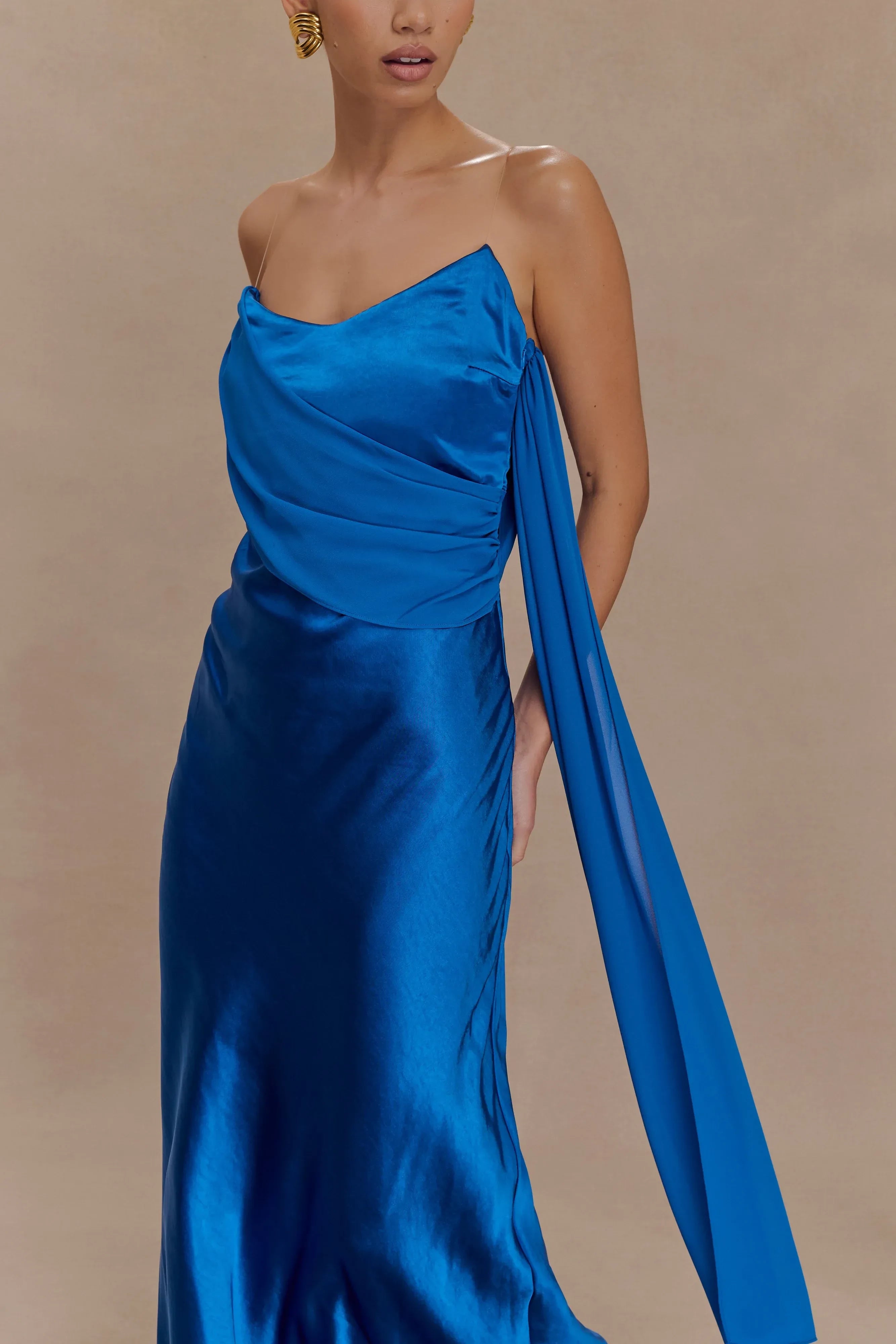 Graceful Sheath Asymmetric Neck Sleeveless Draped Back Floor Length Prom Dress