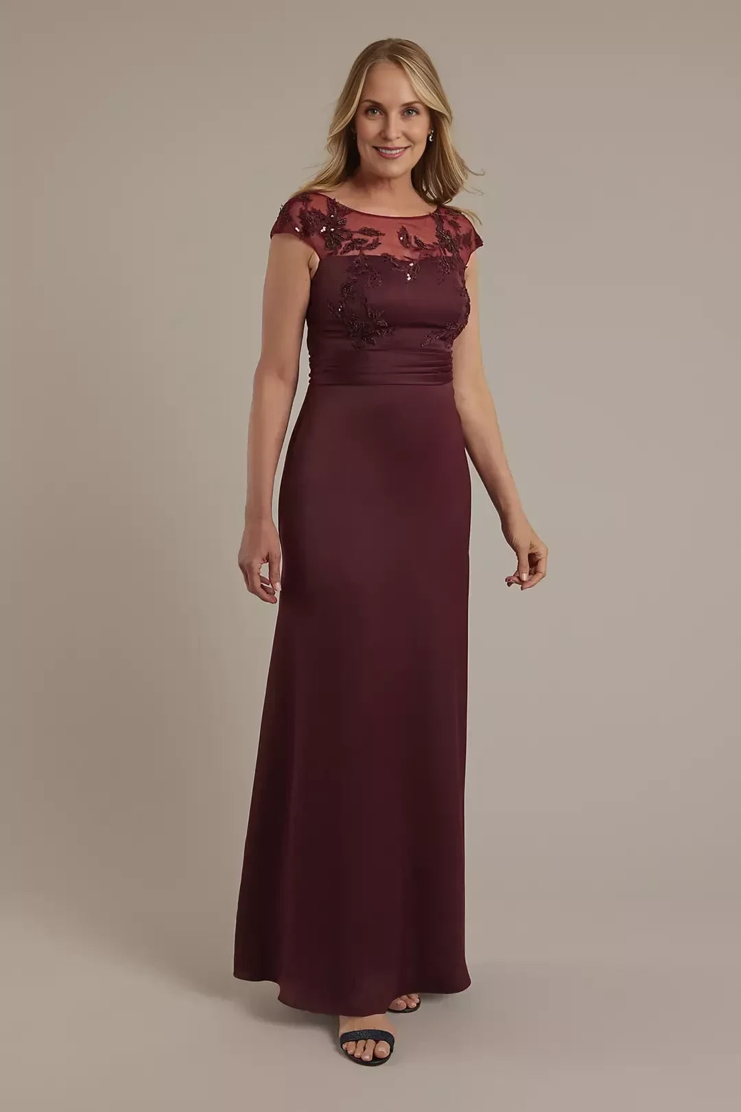 Graceful Sheath Boat Neck Cap Sleeve Lace Back Floor Length Mother of the Bride Dress