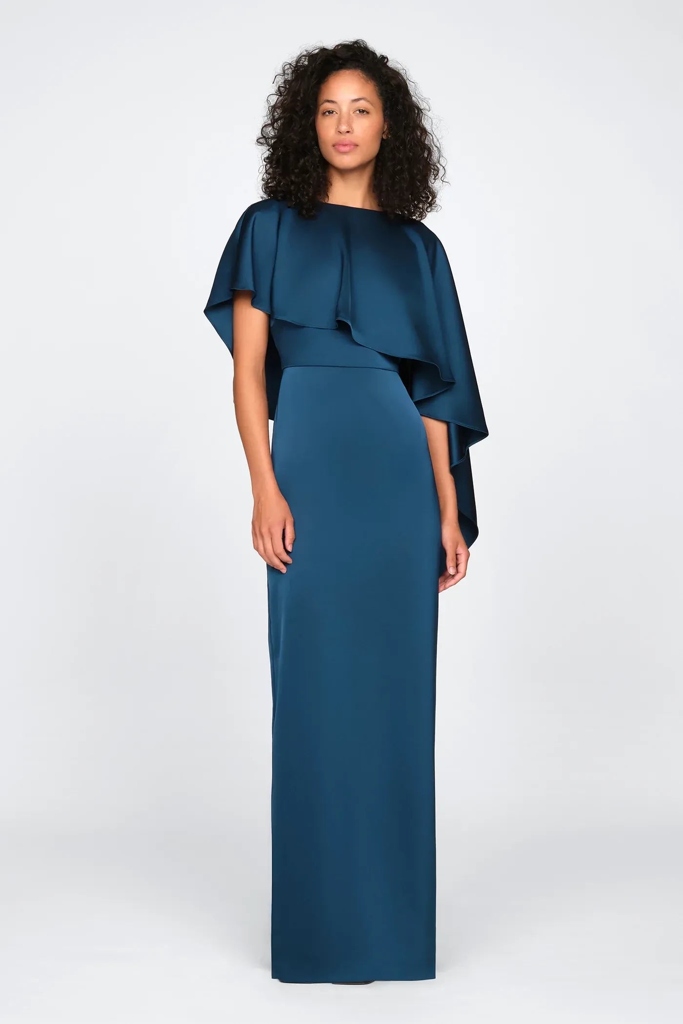 Graceful Sheath Boat Neck Cape Sleeve Draped Back Floor Length Prom Dress