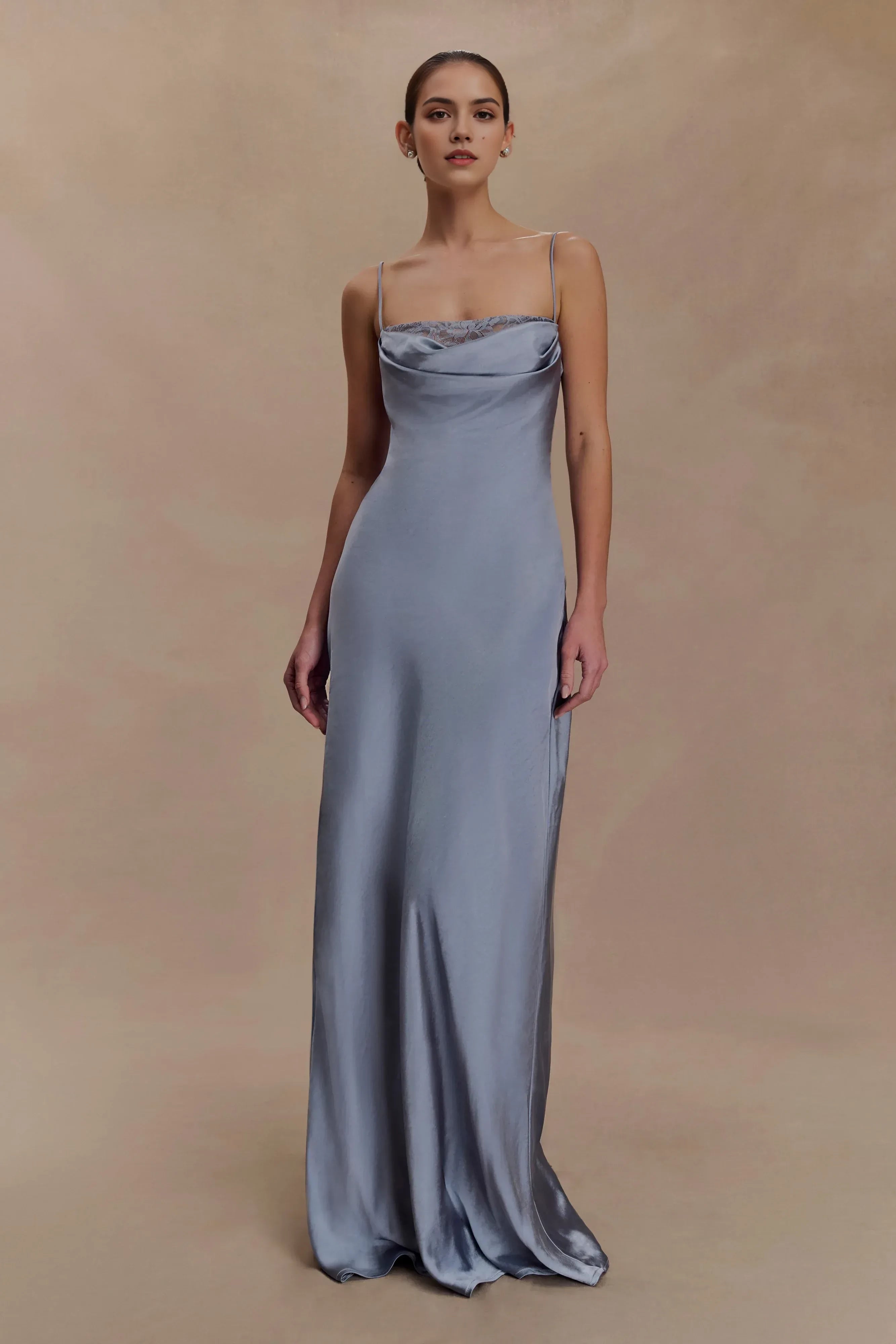 Graceful Sheath Cowl Neck Spaghetti Strap Open Back Floor Length Prom Dress
