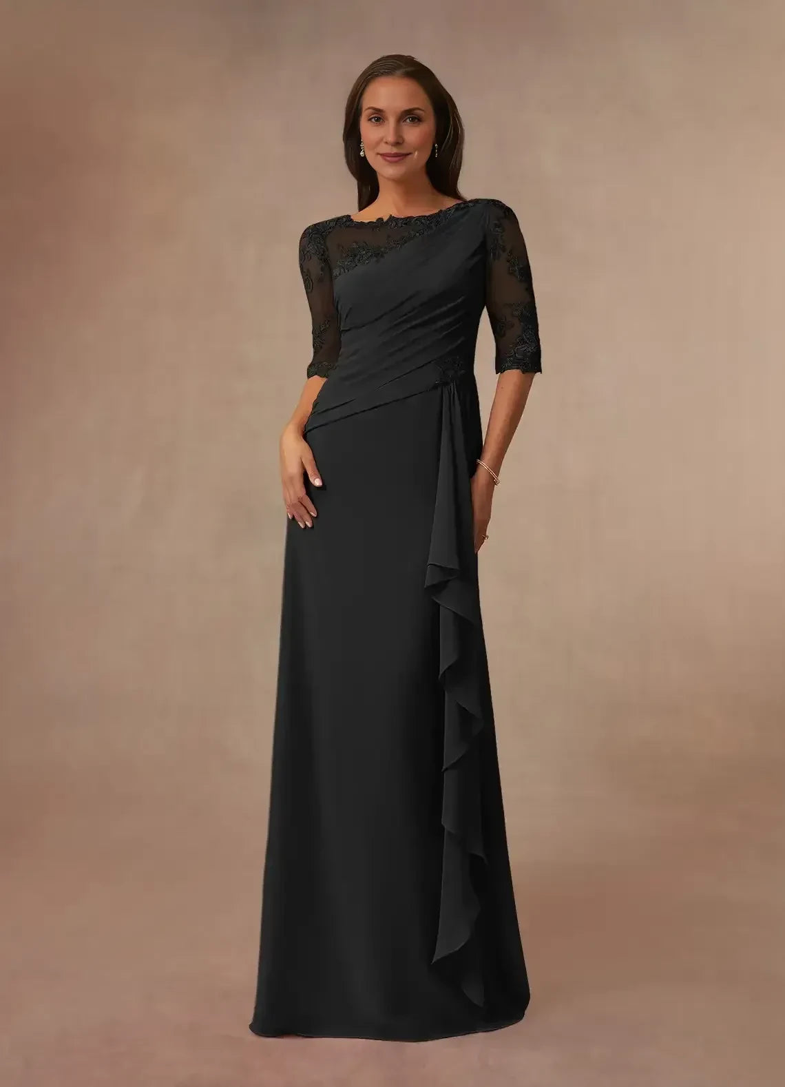 Graceful Sheath Illusion Neck Three Quarter Lace Sleeve Ruched Back High Low Mother of the Bride Dress
