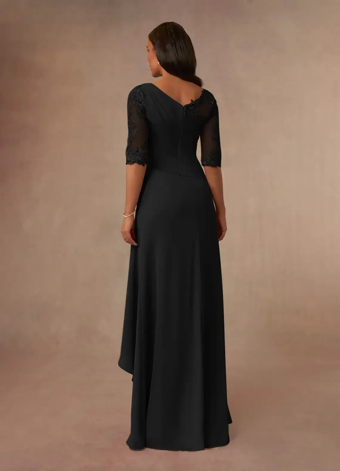 Graceful Sheath Illusion Neck Three Quarter Lace Sleeve Ruched Back High Low Mother of the Bride Dress
